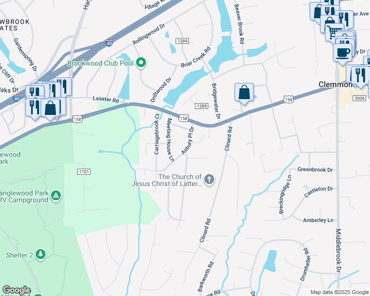 map of restaurants, bars, coffee shops, grocery stores, and more near 4440 Asbury Place Drive in Clemmons