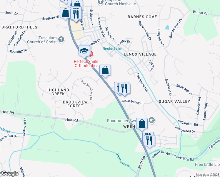 map of restaurants, bars, coffee shops, grocery stores, and more near 5771 Nolensville Road in Nashville