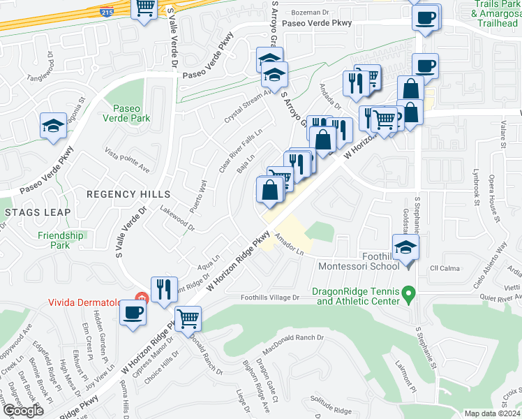 map of restaurants, bars, coffee shops, grocery stores, and more near 1740 Flores Lane in Henderson