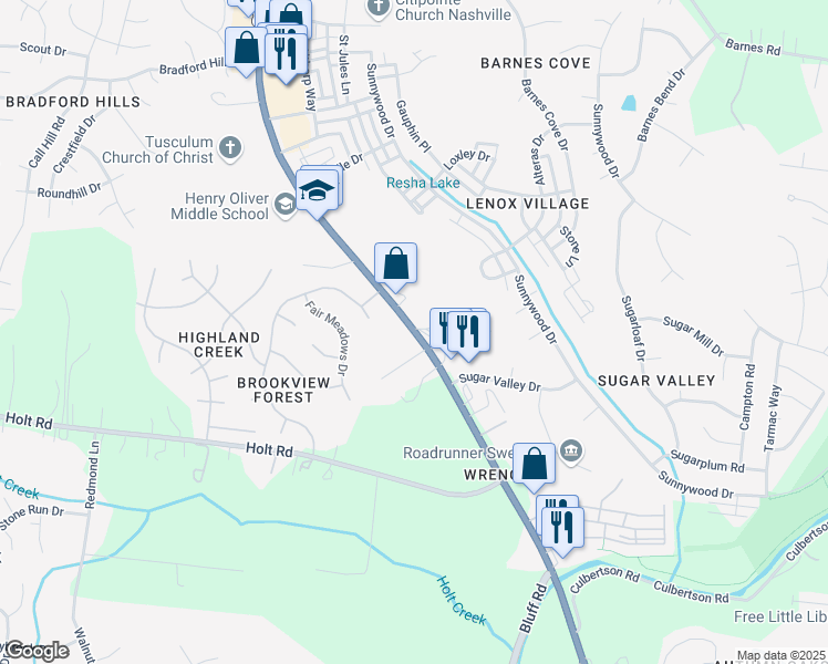 map of restaurants, bars, coffee shops, grocery stores, and more near 5771 Nolensville Road in Nashville