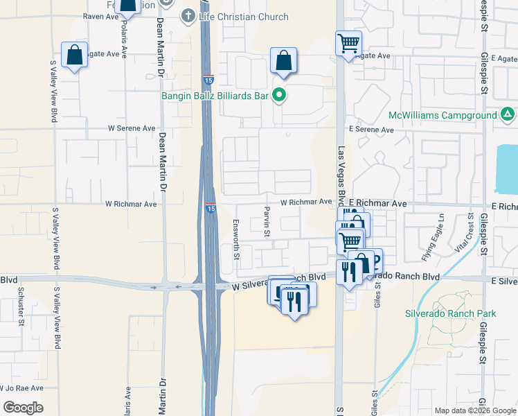 map of restaurants, bars, coffee shops, grocery stores, and more near 2661 Hillgrass Road in Las Vegas