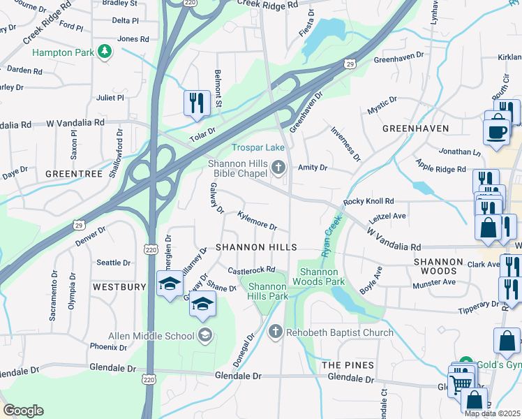 map of restaurants, bars, coffee shops, grocery stores, and more near 2004 Kylemore Drive in Greensboro