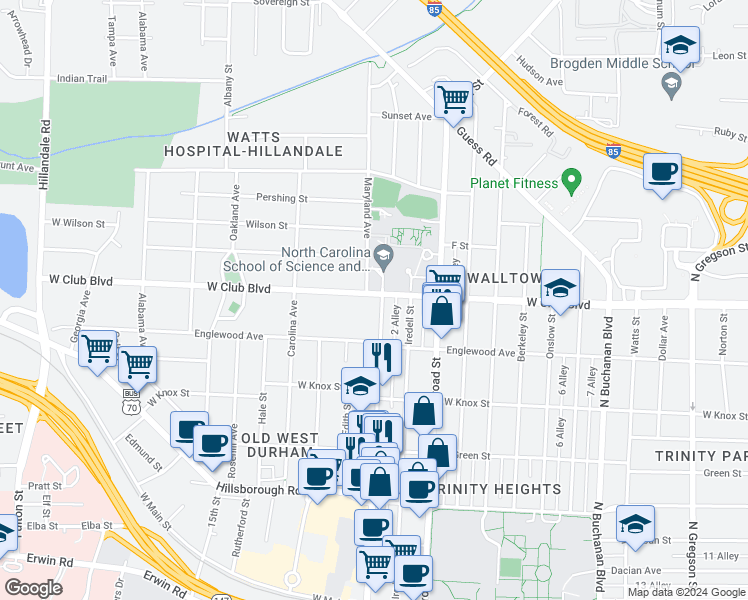 map of restaurants, bars, coffee shops, grocery stores, and more near 1917 West Club Boulevard in Durham