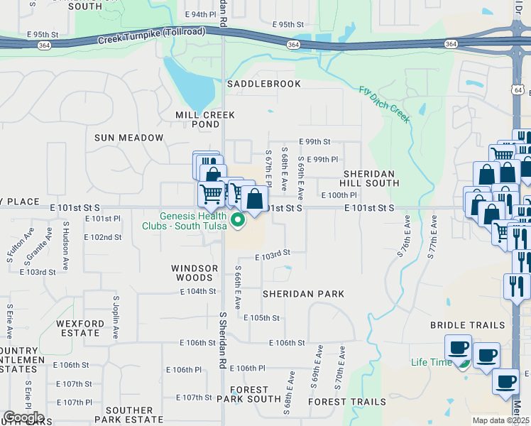 map of restaurants, bars, coffee shops, grocery stores, and more near 6712 East 102nd Street in Tulsa