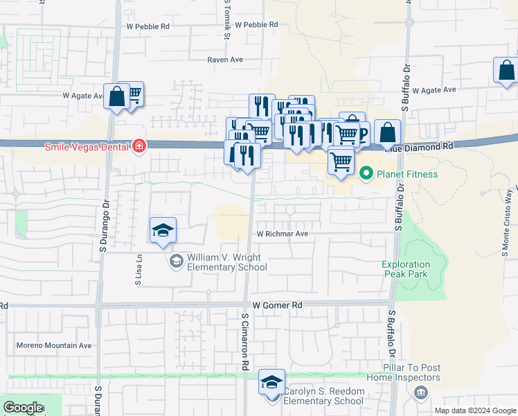 map of restaurants, bars, coffee shops, grocery stores, and more near 8198 Whiteriver Plateau Lane in Las Vegas