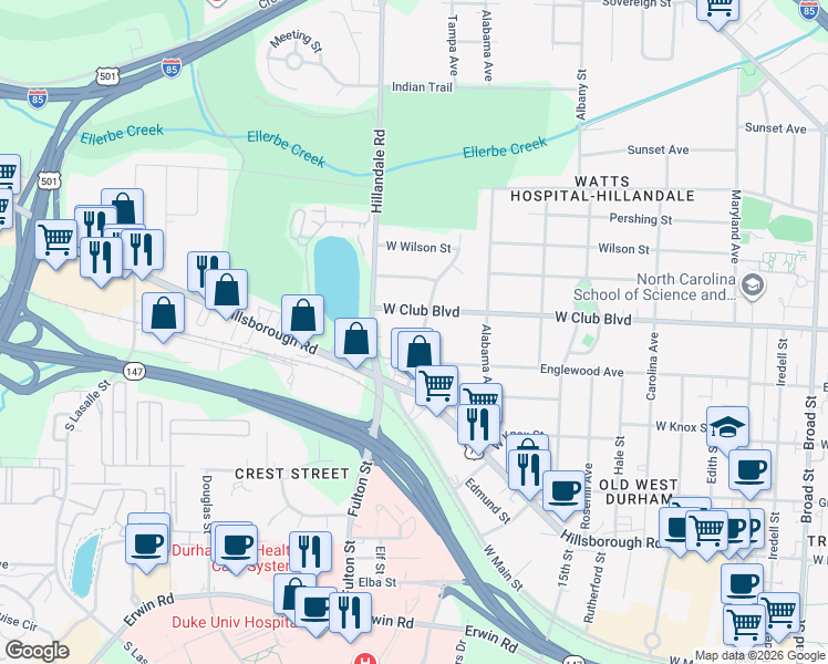 map of restaurants, bars, coffee shops, grocery stores, and more near 2518 Englewood Avenue in Durham