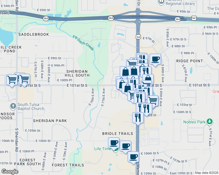 map of restaurants, bars, coffee shops, grocery stores, and more near 10122 South 77th East Place in Tulsa