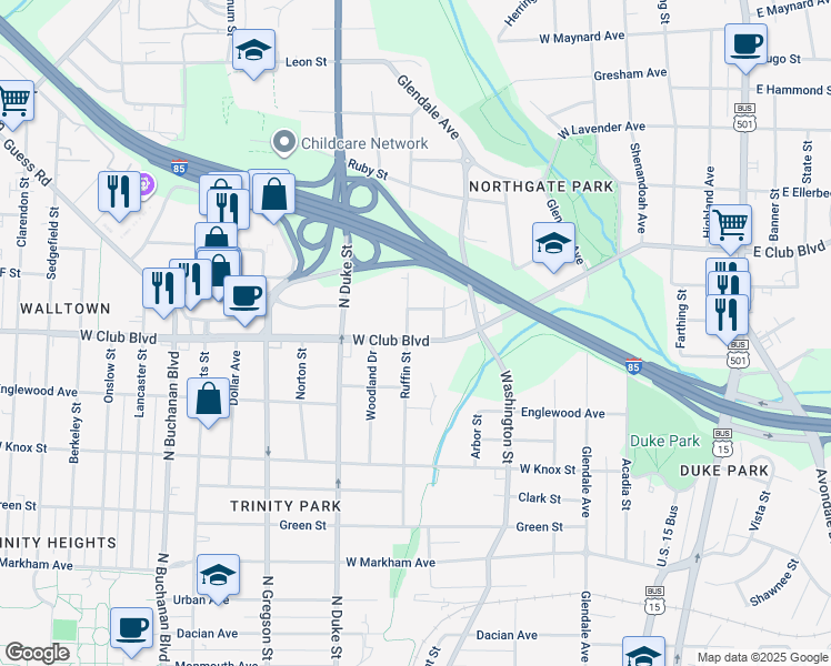 map of restaurants, bars, coffee shops, grocery stores, and more near 646 West Club Boulevard in Durham