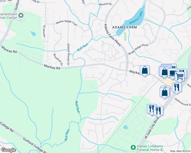 map of restaurants, bars, coffee shops, grocery stores, and more near 5806 Running Ridge Road in Greensboro