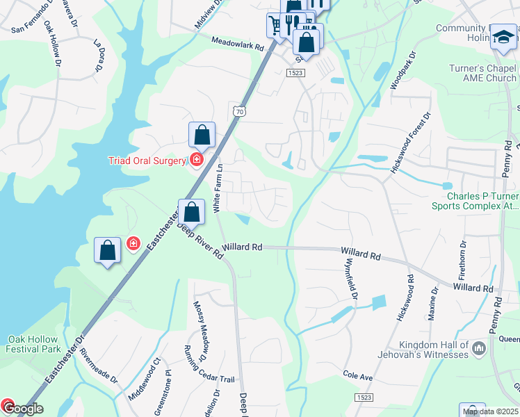 map of restaurants, bars, coffee shops, grocery stores, and more near Obsidian Court in High Point