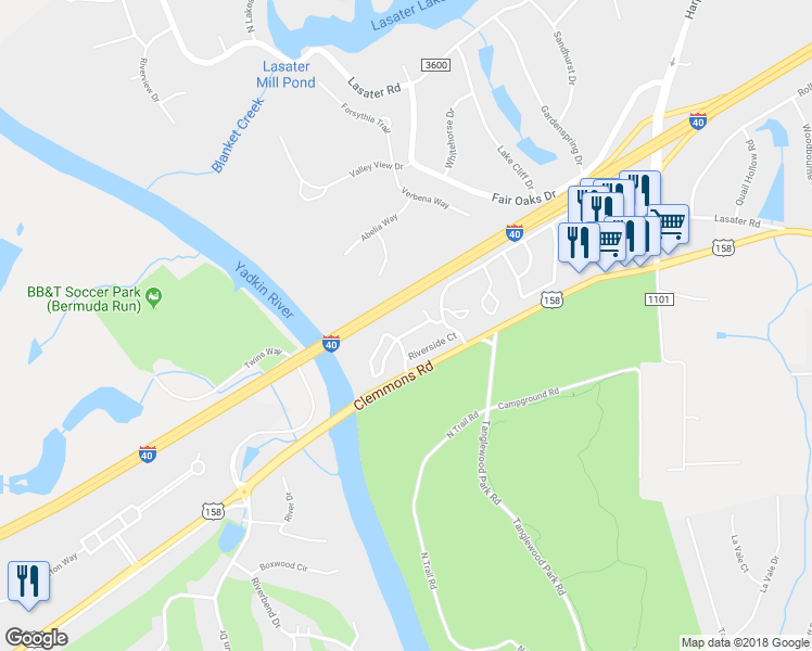 map of restaurants, bars, coffee shops, grocery stores, and more near 7326 Riverview Knoll Court in Clemmons