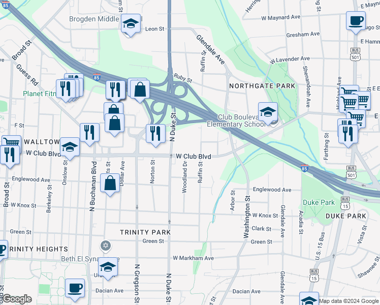 map of restaurants, bars, coffee shops, grocery stores, and more near 708 West Club Boulevard in Durham