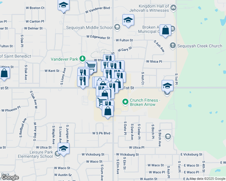 map of restaurants, bars, coffee shops, grocery stores, and more near 3621 South Elm Place in Broken Arrow