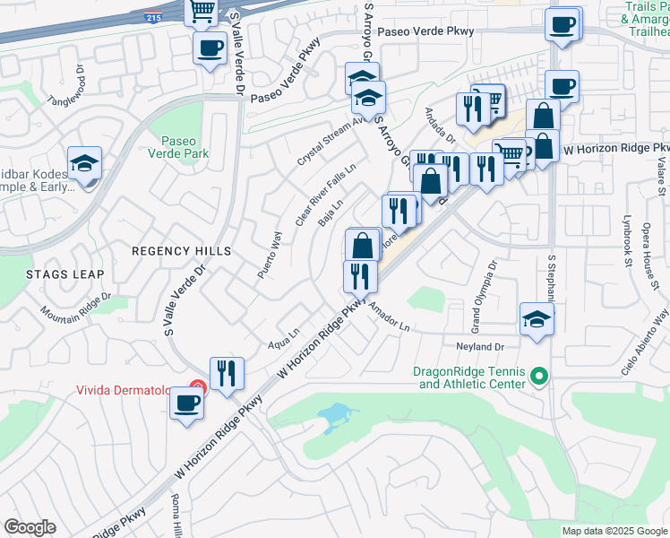 map of restaurants, bars, coffee shops, grocery stores, and more near 1641 Amador Lane in Henderson