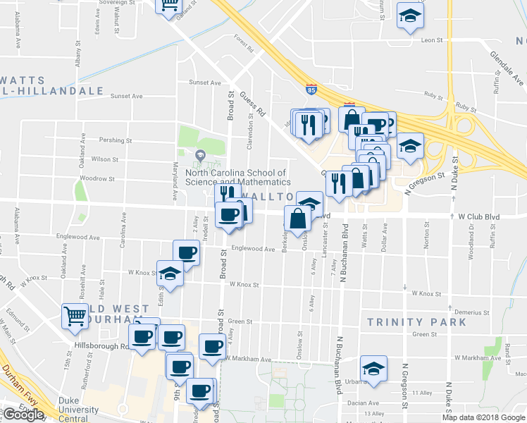 map of restaurants, bars, coffee shops, grocery stores, and more near 1600 West Club Boulevard in Durham