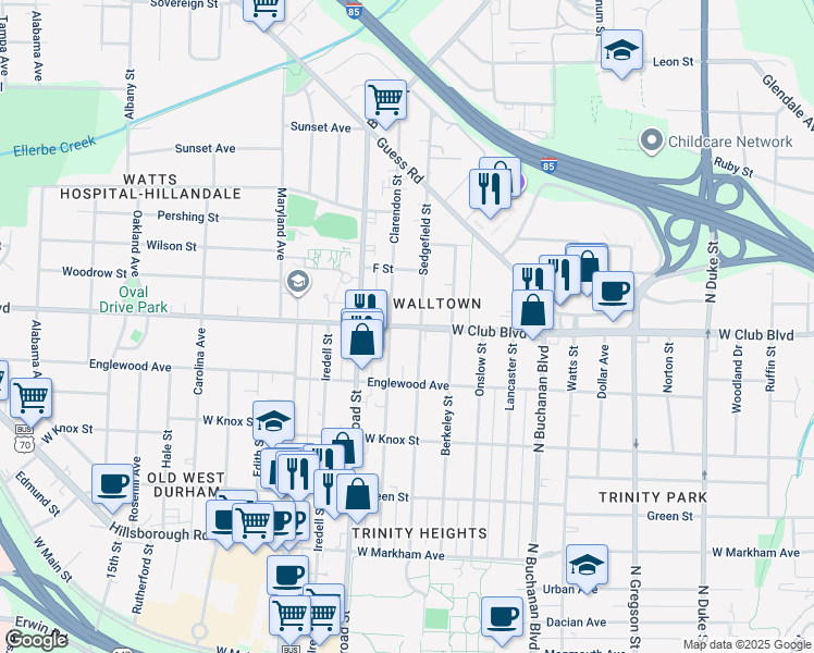 map of restaurants, bars, coffee shops, grocery stores, and more near 1117 Clarendon Street in Durham