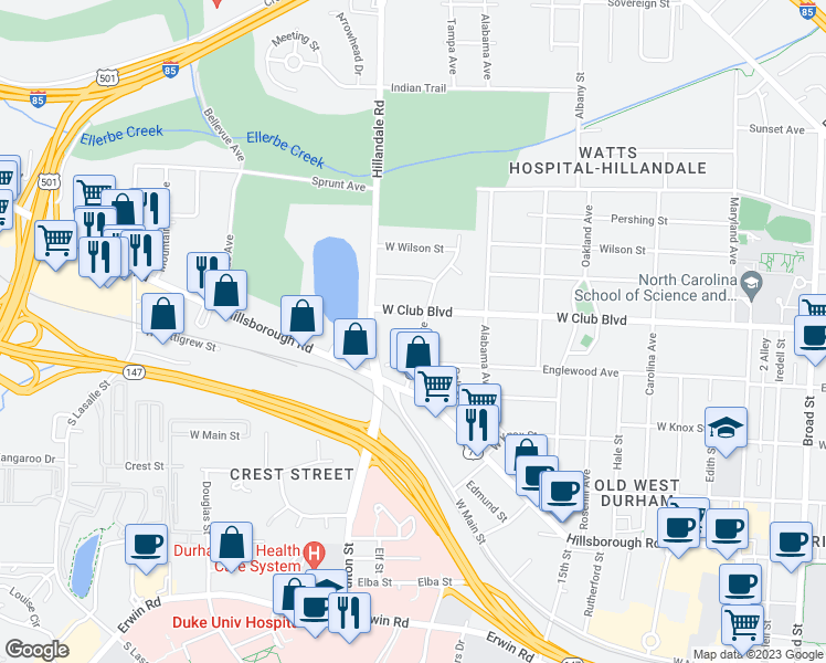 map of restaurants, bars, coffee shops, grocery stores, and more near 2518 Englewood Avenue in Durham