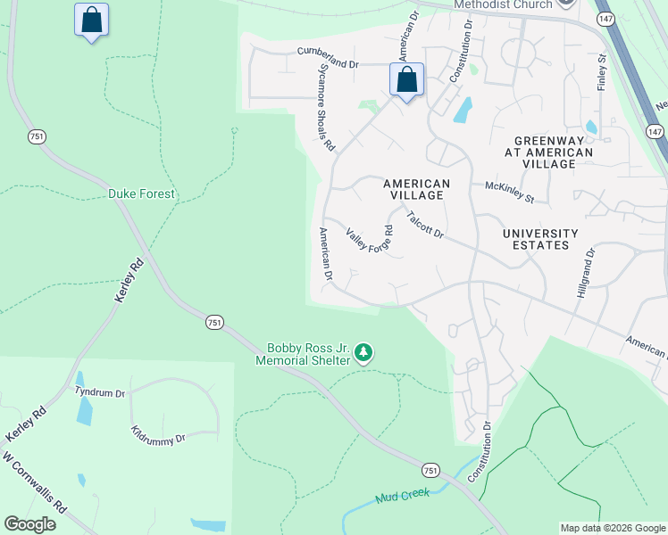 map of restaurants, bars, coffee shops, grocery stores, and more near 4402 American Drive in Durham
