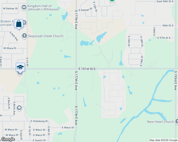 map of restaurants, bars, coffee shops, grocery stores, and more near 17810 East 101st Street in Broken Arrow