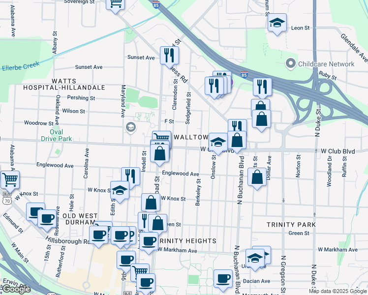 map of restaurants, bars, coffee shops, grocery stores, and more near 1600 West Club Boulevard in Durham