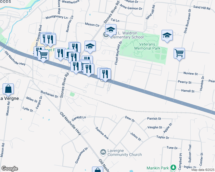 map of restaurants, bars, coffee shops, grocery stores, and more near 118 Waldron Circle in La Vergne