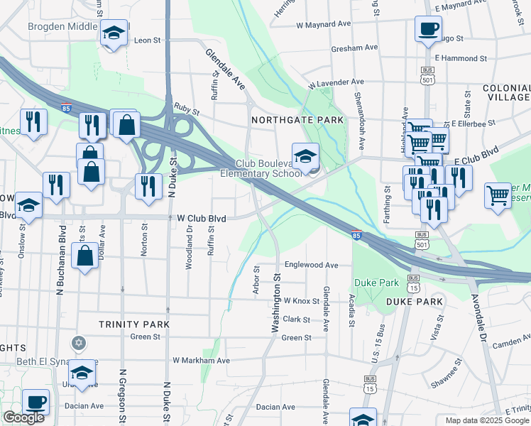 map of restaurants, bars, coffee shops, grocery stores, and more near 615 West Club Boulevard in Durham