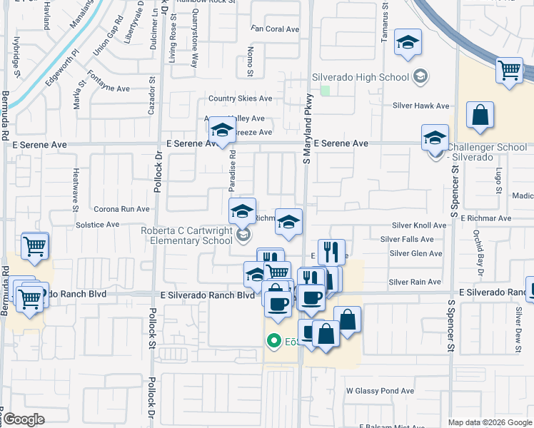 map of restaurants, bars, coffee shops, grocery stores, and more near 1095 Willjay Lane in Las Vegas
