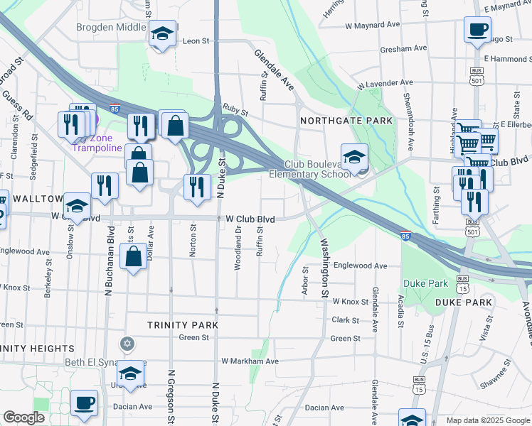 map of restaurants, bars, coffee shops, grocery stores, and more near 646 West Club Boulevard in Durham