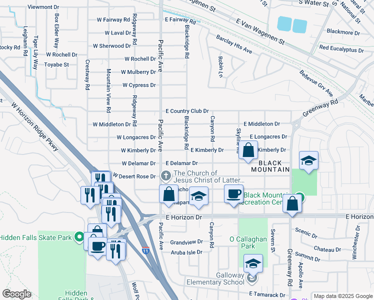 map of restaurants, bars, coffee shops, grocery stores, and more near 200 East Kimberly Drive in Henderson