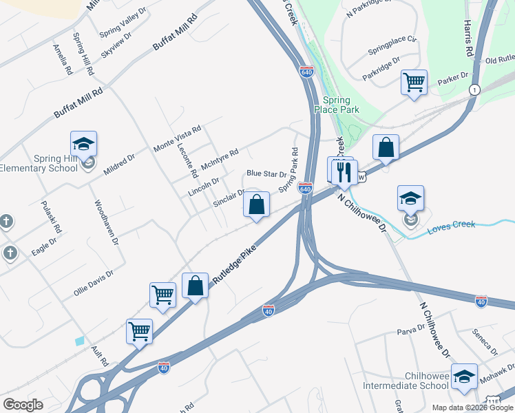 map of restaurants, bars, coffee shops, grocery stores, and more near 5001 Rutledge Pike in Knoxville