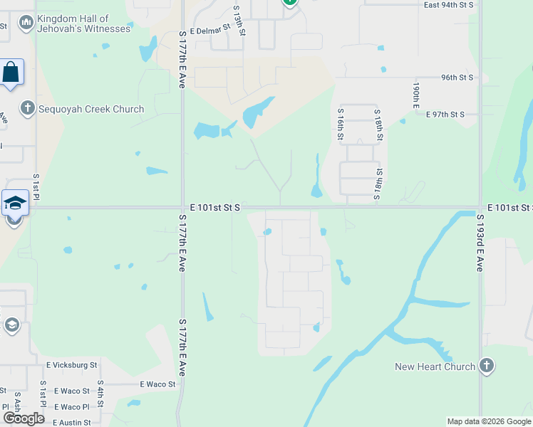 map of restaurants, bars, coffee shops, grocery stores, and more near 18010 East 101st Street in Broken Arrow