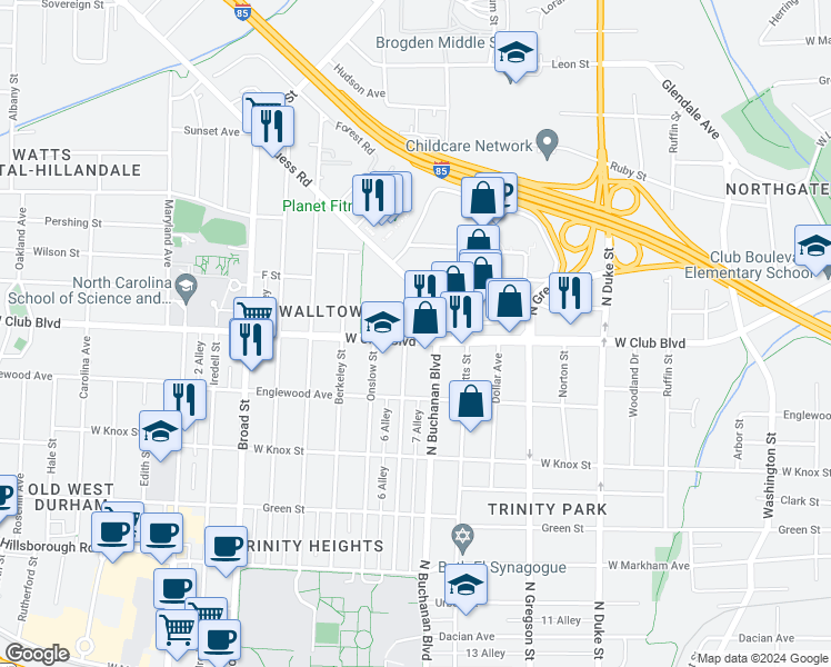 map of restaurants, bars, coffee shops, grocery stores, and more near 1208 West Club Boulevard in Durham