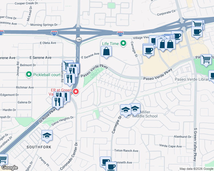 map of restaurants, bars, coffee shops, grocery stores, and more near 271 Echo Dell Court in Henderson