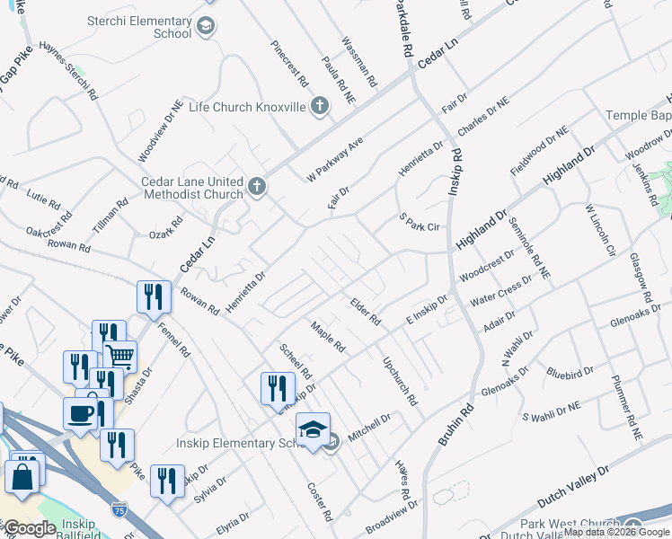 map of restaurants, bars, coffee shops, grocery stores, and more near 800 Mediate Way in Knoxville