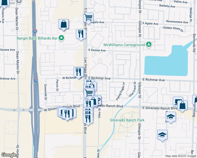 map of restaurants, bars, coffee shops, grocery stores, and more near 50 East Richmar Avenue in Las Vegas