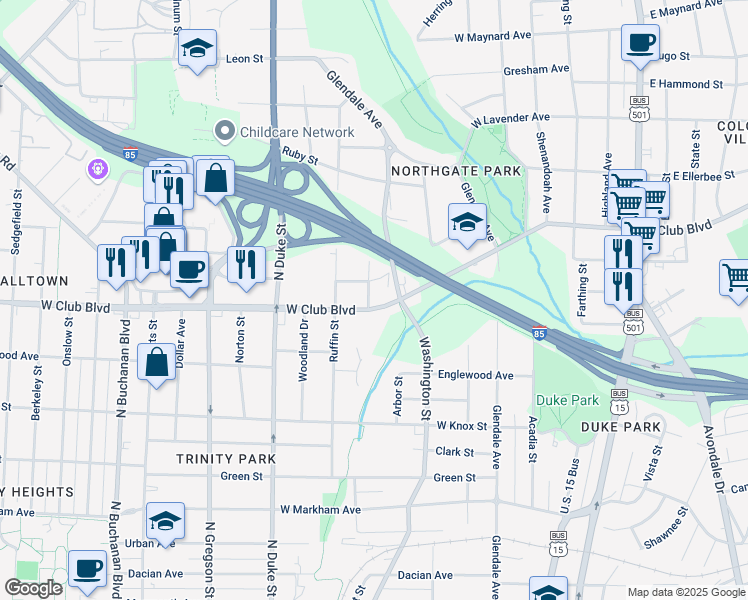 map of restaurants, bars, coffee shops, grocery stores, and more near 630 West Club Boulevard in Durham