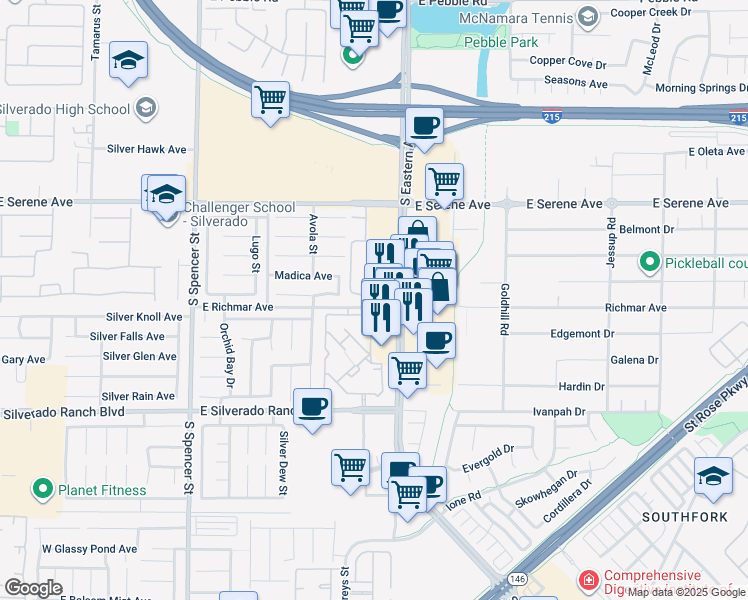 map of restaurants, bars, coffee shops, grocery stores, and more near 9405 South Eastern Avenue in Las Vegas