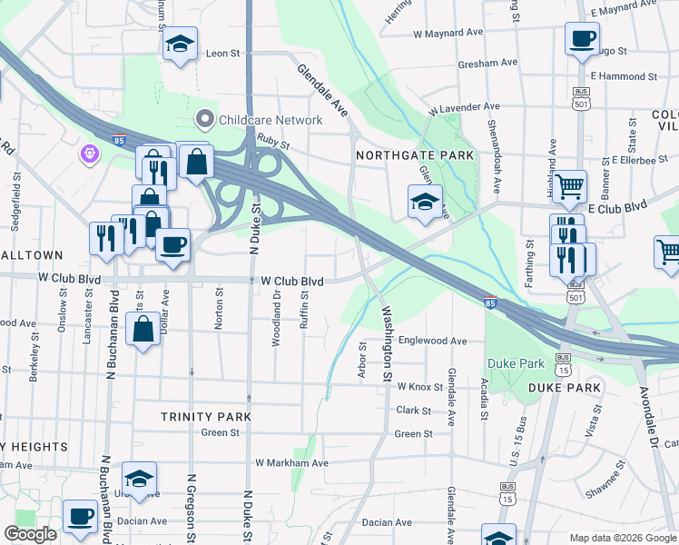 map of restaurants, bars, coffee shops, grocery stores, and more near 630 West Club Boulevard in Durham
