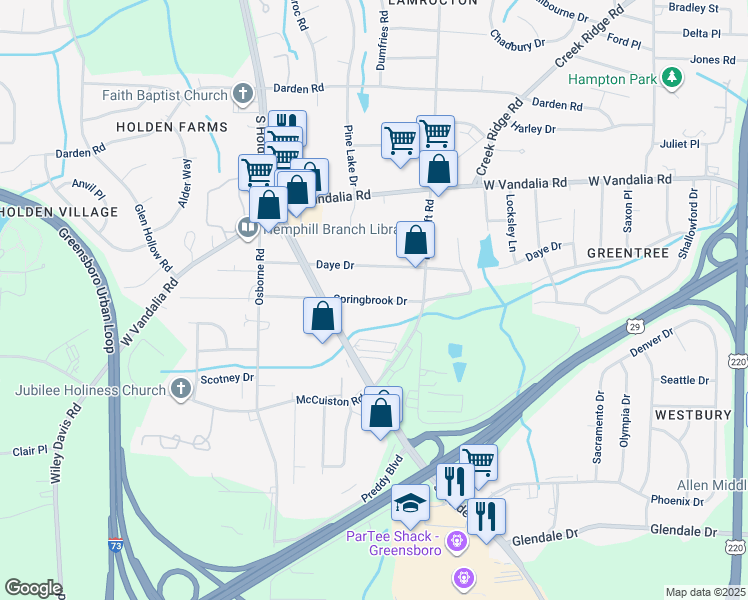 map of restaurants, bars, coffee shops, grocery stores, and more near 3913 Springbrook Drive in Greensboro