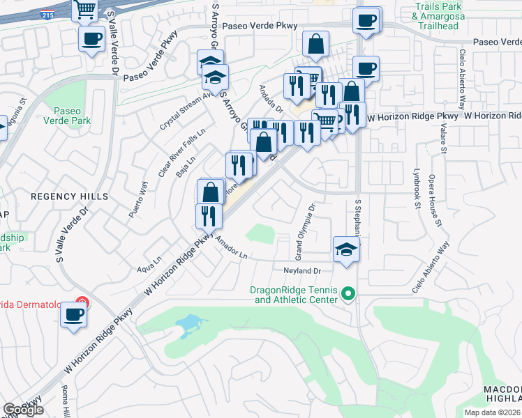 map of restaurants, bars, coffee shops, grocery stores, and more near 206 Horizon Peak Drive in Henderson
