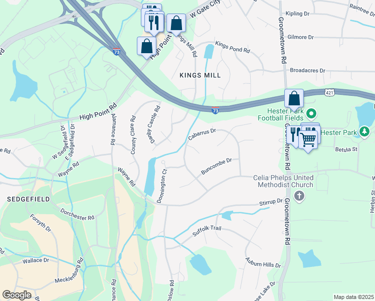 map of restaurants, bars, coffee shops, grocery stores, and more near 3809 Rappahannock Court in Greensboro