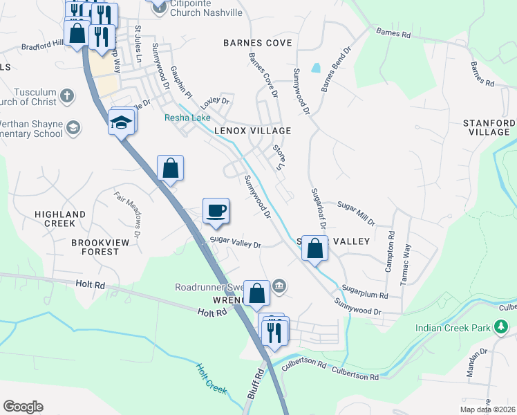 map of restaurants, bars, coffee shops, grocery stores, and more near 6917 Sunnywood Drive in Nashville