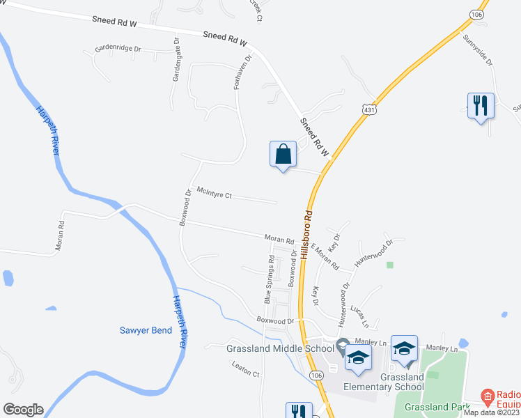 map of restaurants, bars, coffee shops, grocery stores, and more near 2419 McIntyre Court in Franklin