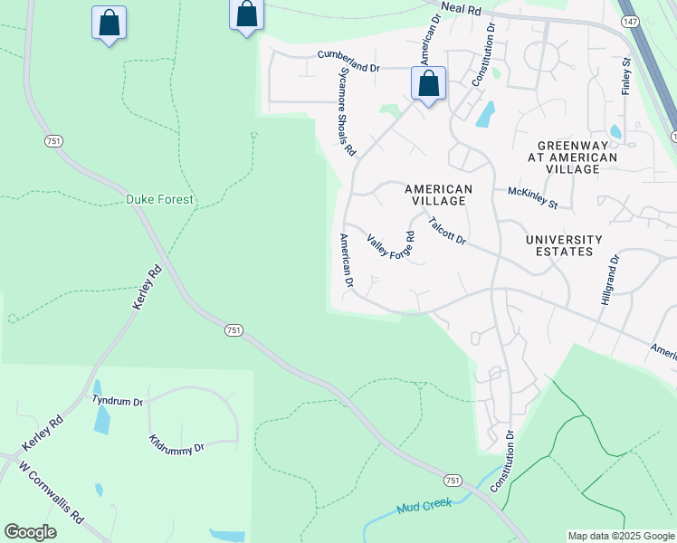 map of restaurants, bars, coffee shops, grocery stores, and more near 4419 American Drive in Durham
