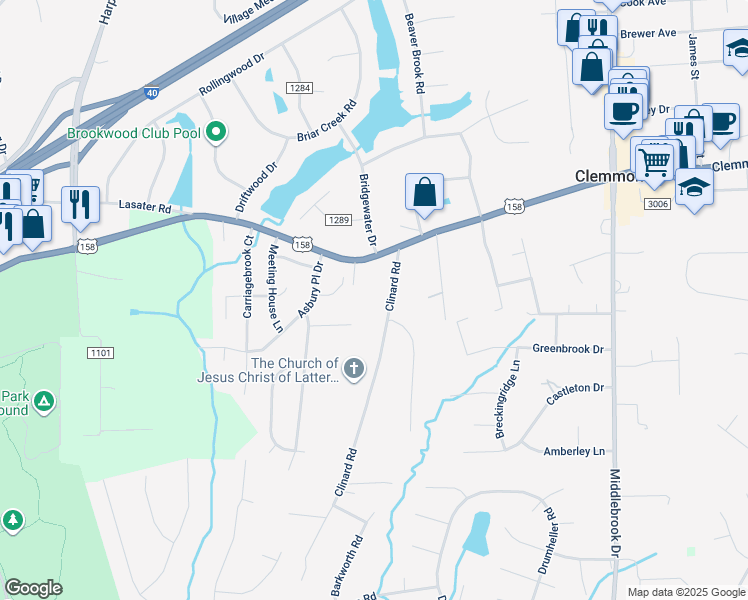 map of restaurants, bars, coffee shops, grocery stores, and more near 4394 Clinard Road in Clemmons