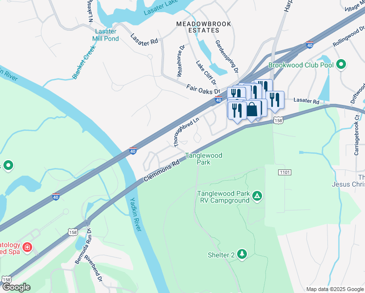 map of restaurants, bars, coffee shops, grocery stores, and more near 7516 Riverside Court in Clemmons