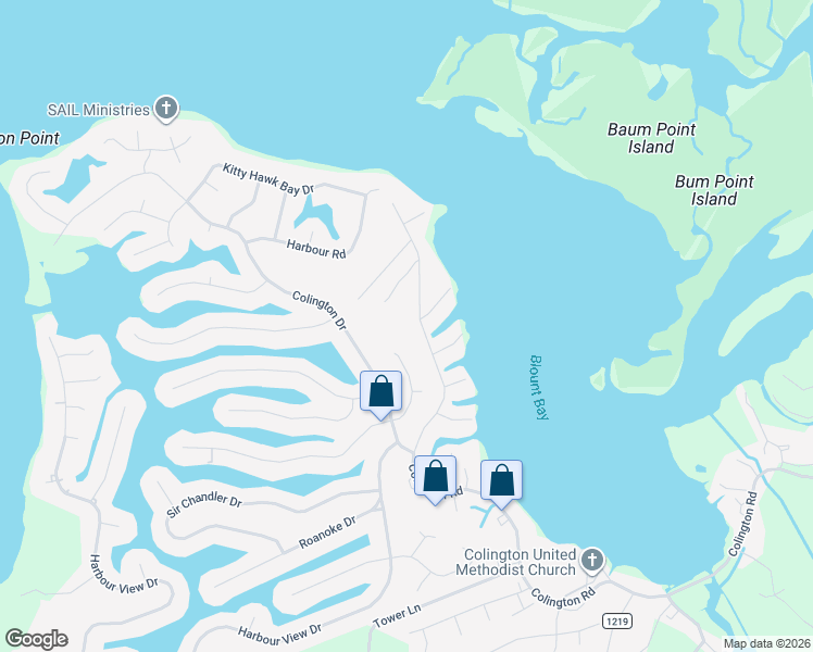 map of restaurants, bars, coffee shops, grocery stores, and more near 2381 Colington Road in Kill Devil Hills