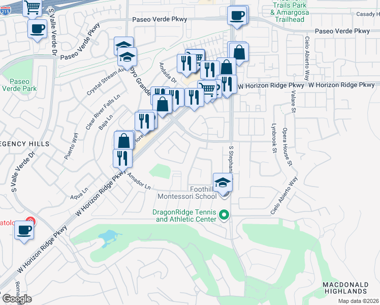 map of restaurants, bars, coffee shops, grocery stores, and more near 1520 Camino Summit Avenue in Henderson