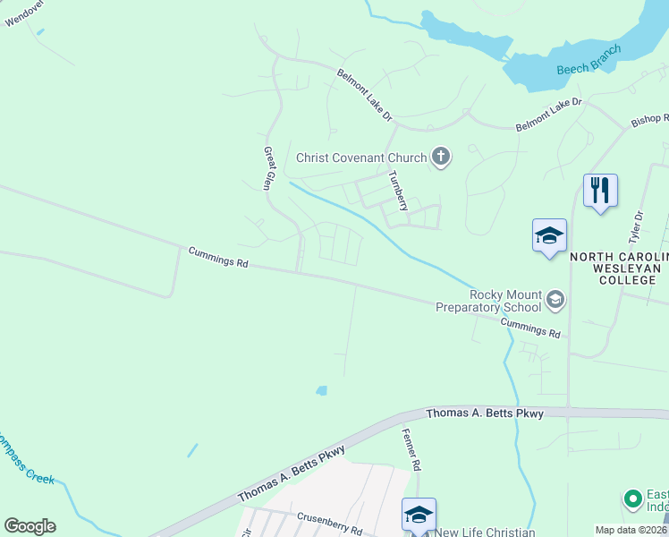 map of restaurants, bars, coffee shops, grocery stores, and more near 202 Lothian in Rocky Mount