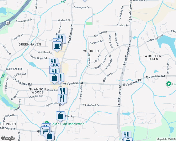map of restaurants, bars, coffee shops, grocery stores, and more near 3425 Winchester Drive in Greensboro